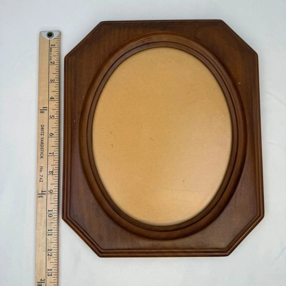 Vintage Octagon Wood Picture Frame Oval Opening Brown Wall Decor 9.5x12.5